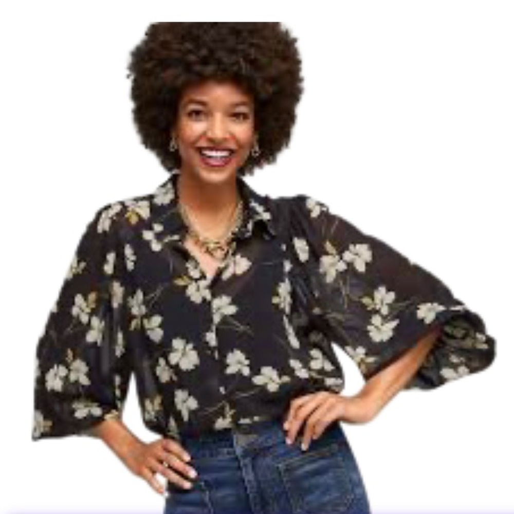 CAbi Black Boxy Blouse‎ with Mandarin Collar semi-Sheer